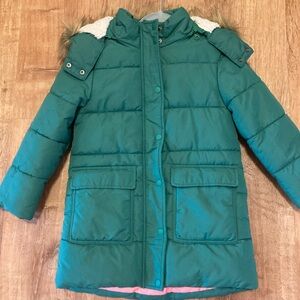 Boden Teal Puffer Jacket with Faux Fur Trim